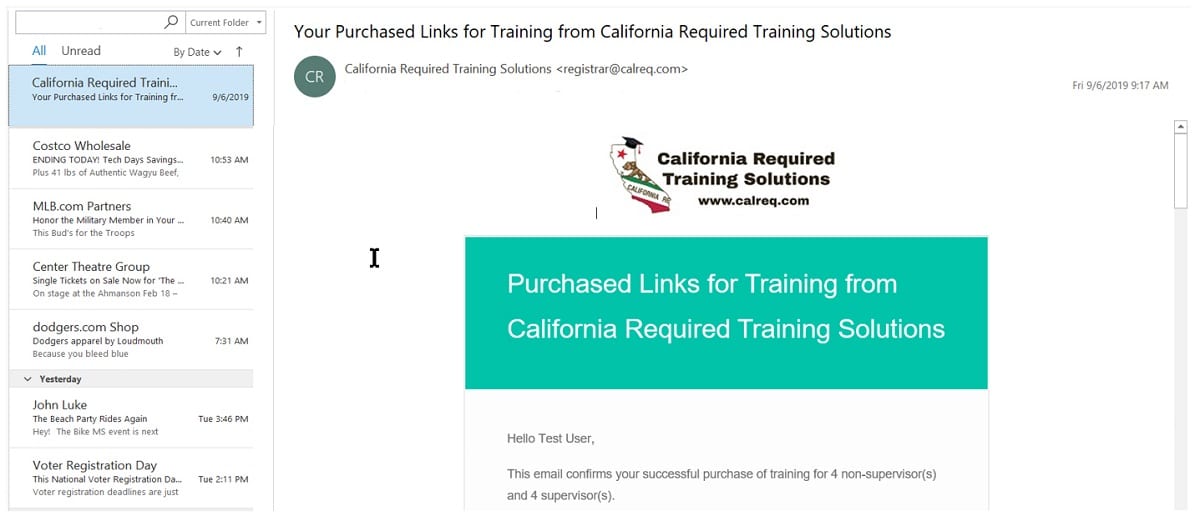 Your purchased links for training from California Required Training Solutions